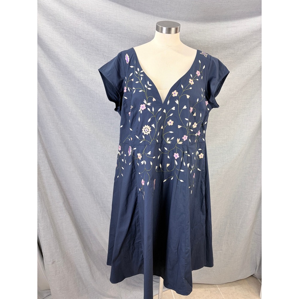eShakti Wayward Fancies Navy Floral Embroidered Midi Dress Cotton 23" ptp